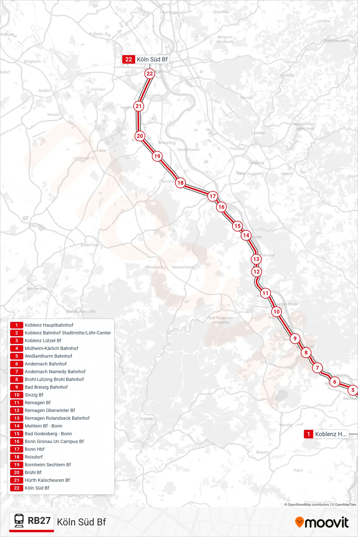 Linie RB27 (Bahn) Richtung Köln Süd Bf: Route und Haltestellen auf der Karte