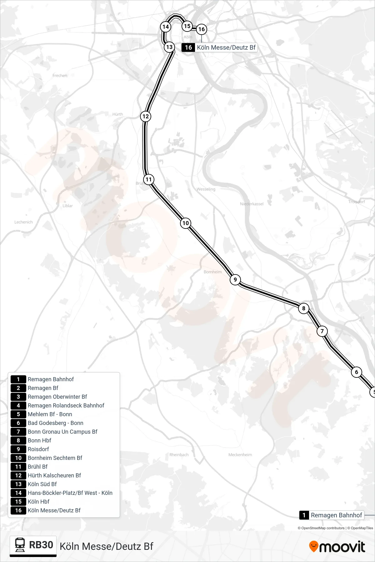 RB30 train Line (Köln Messe/Deutz Bf) route and stops on a map