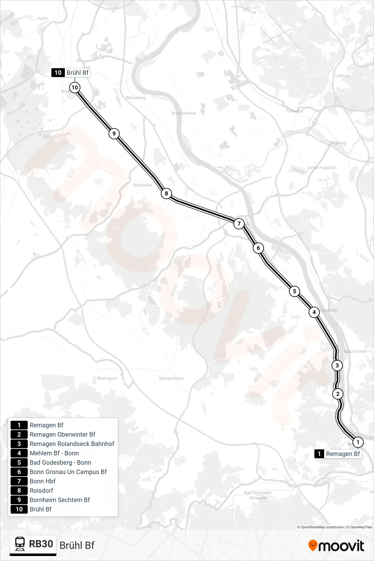 Linie RB30 (Bahn) Richtung Brühl Bf: Route und Haltestellen auf der Karte