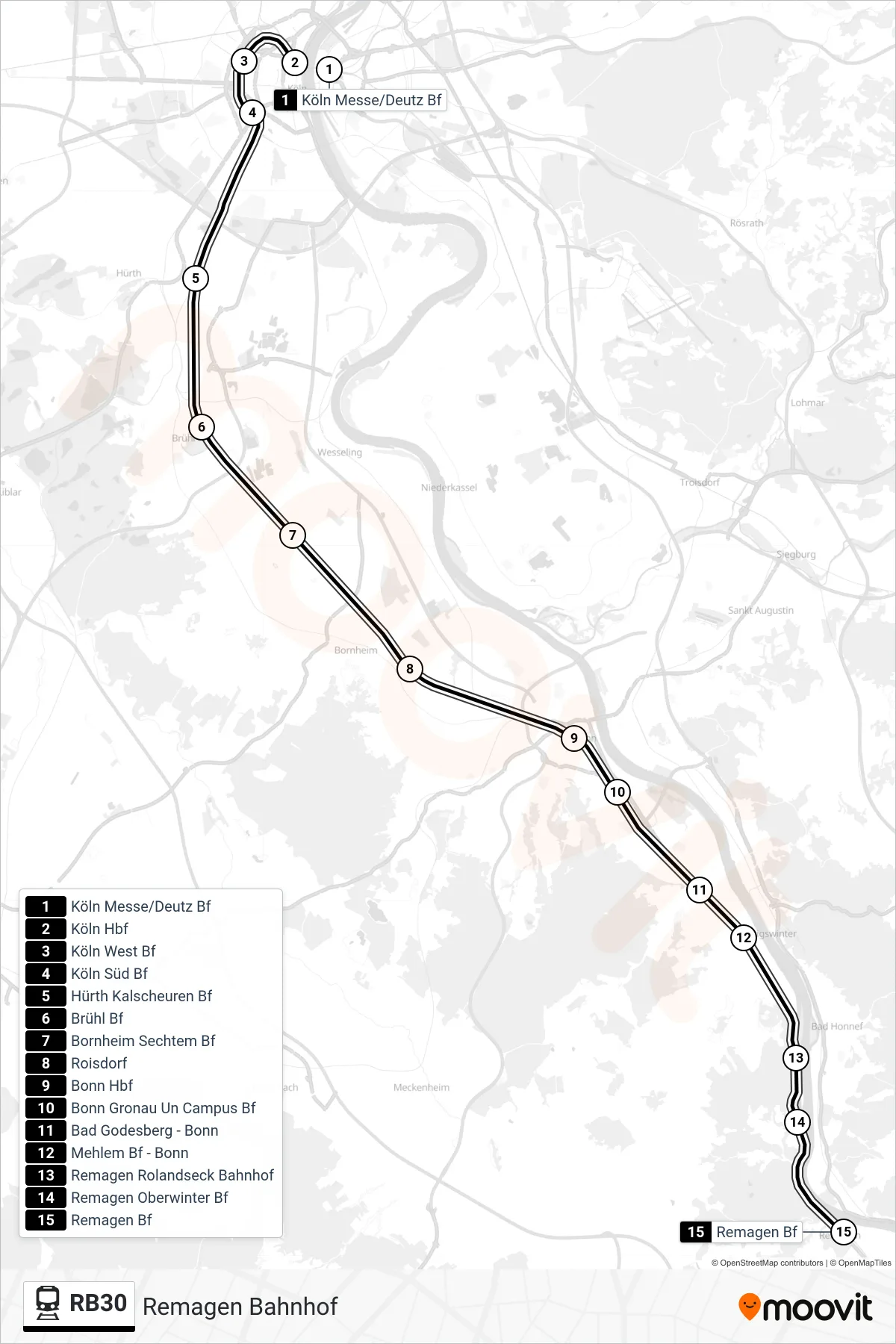 RB30 train Line (Remagen Bahnhof) route and stops on a map