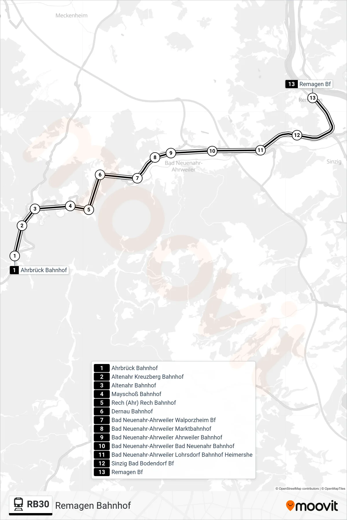 Linie RB30 (Bahn) Richtung Remagen Bahnhof: Route und Haltestellen auf der Karte