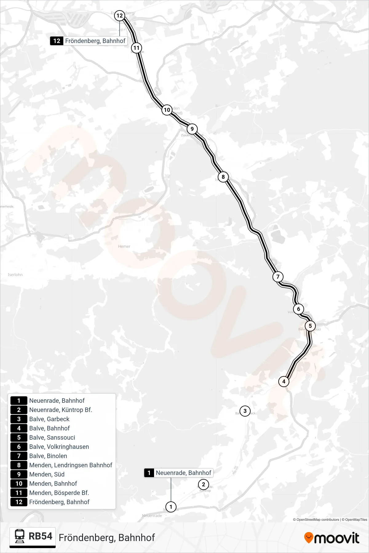 Linie RB54 (Bahn) Richtung Fröndenberg, Bahnhof: Route und Haltestellen auf der Karte