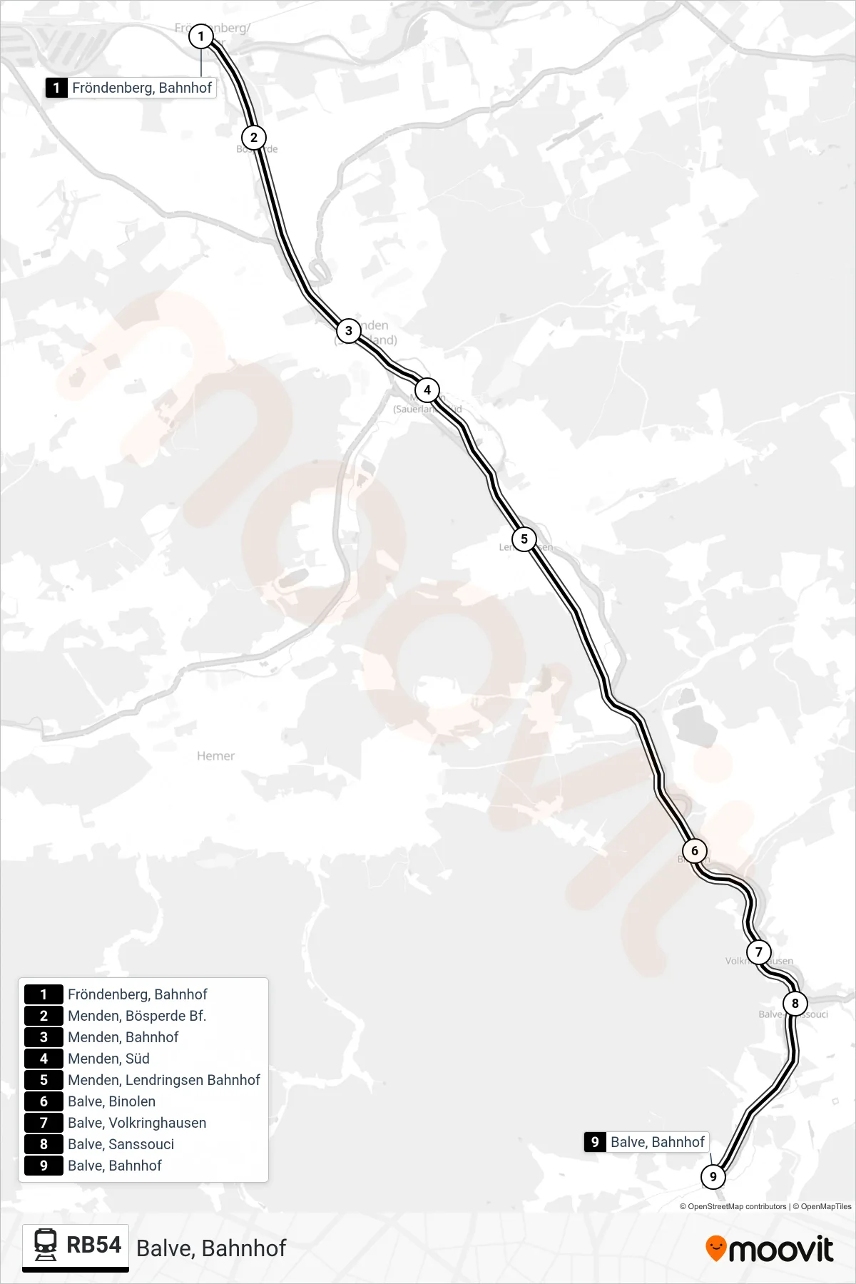 RB54 rail Line (Balve, Bahnhof) route and stops on a map