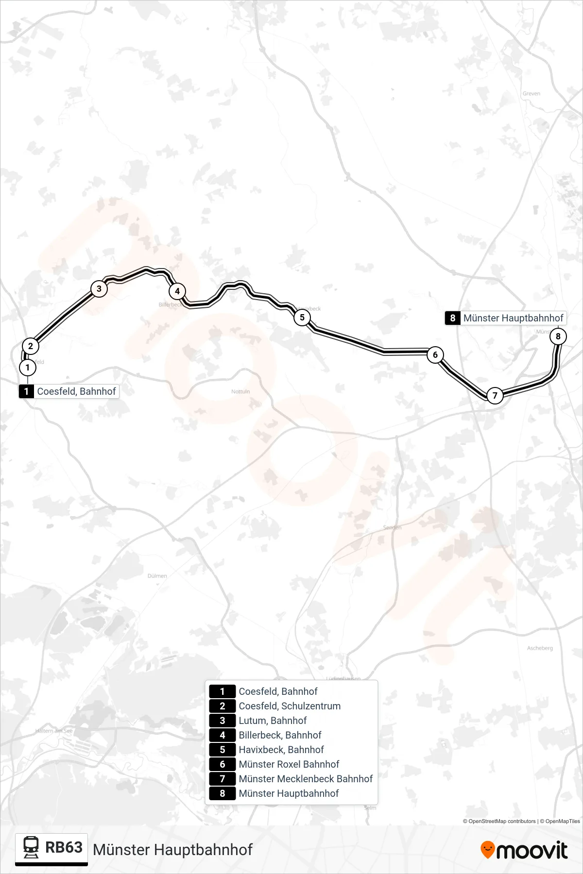 Linie RB63 (Bahn) Richtung Münster Hauptbahnhof: Route und Haltestellen auf der Karte
