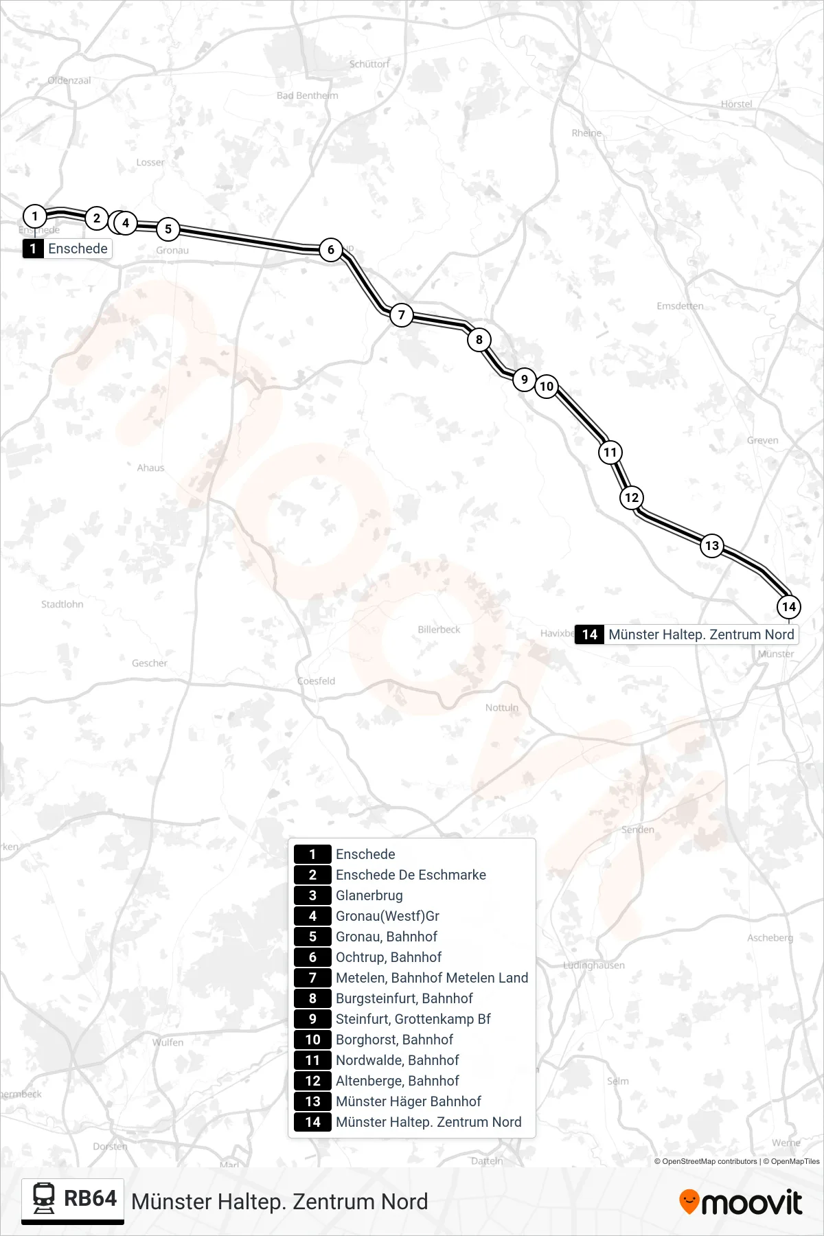 Linie RB64 (Bahn) Richtung Münster Haltep.  Zentrum Nord: Route und Haltestellen auf der Karte