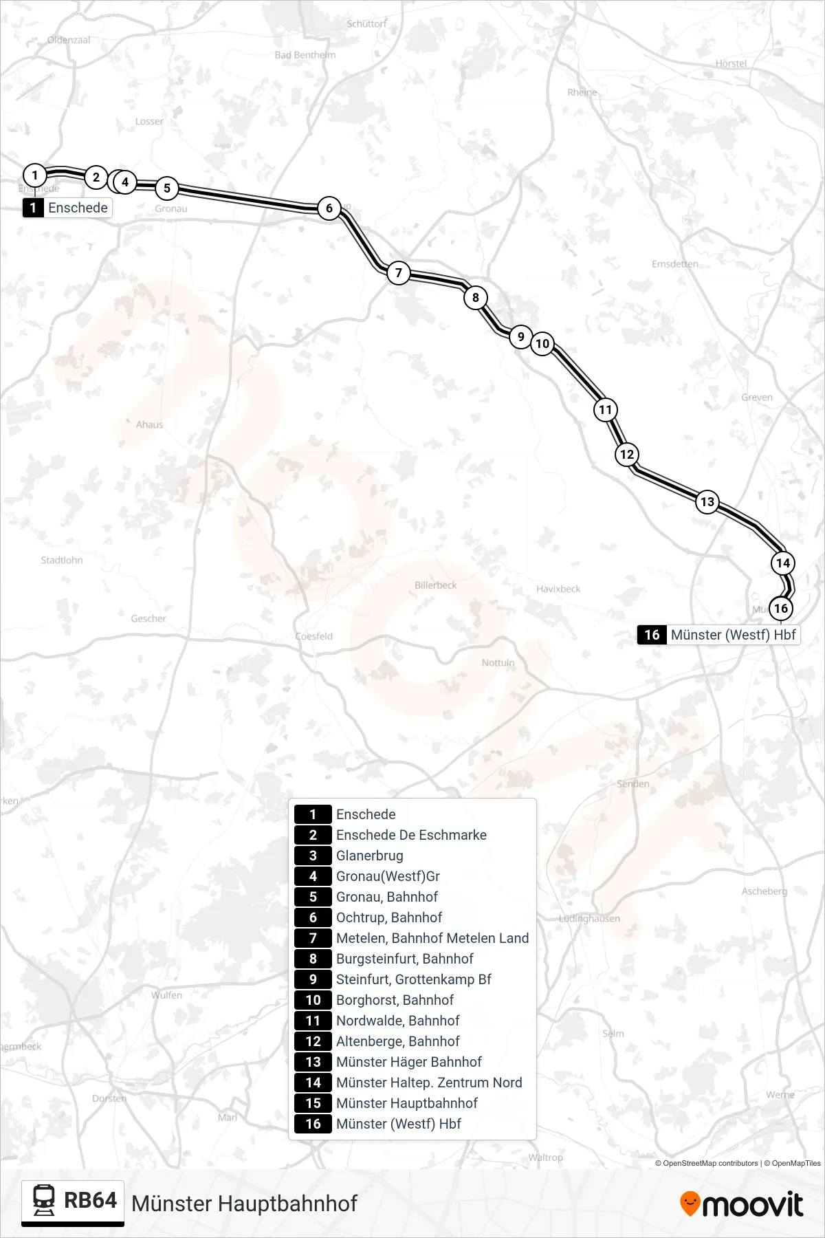 Linie RB64 (Bahn) Richtung Münster Hauptbahnhof: Route und Haltestellen auf der Karte