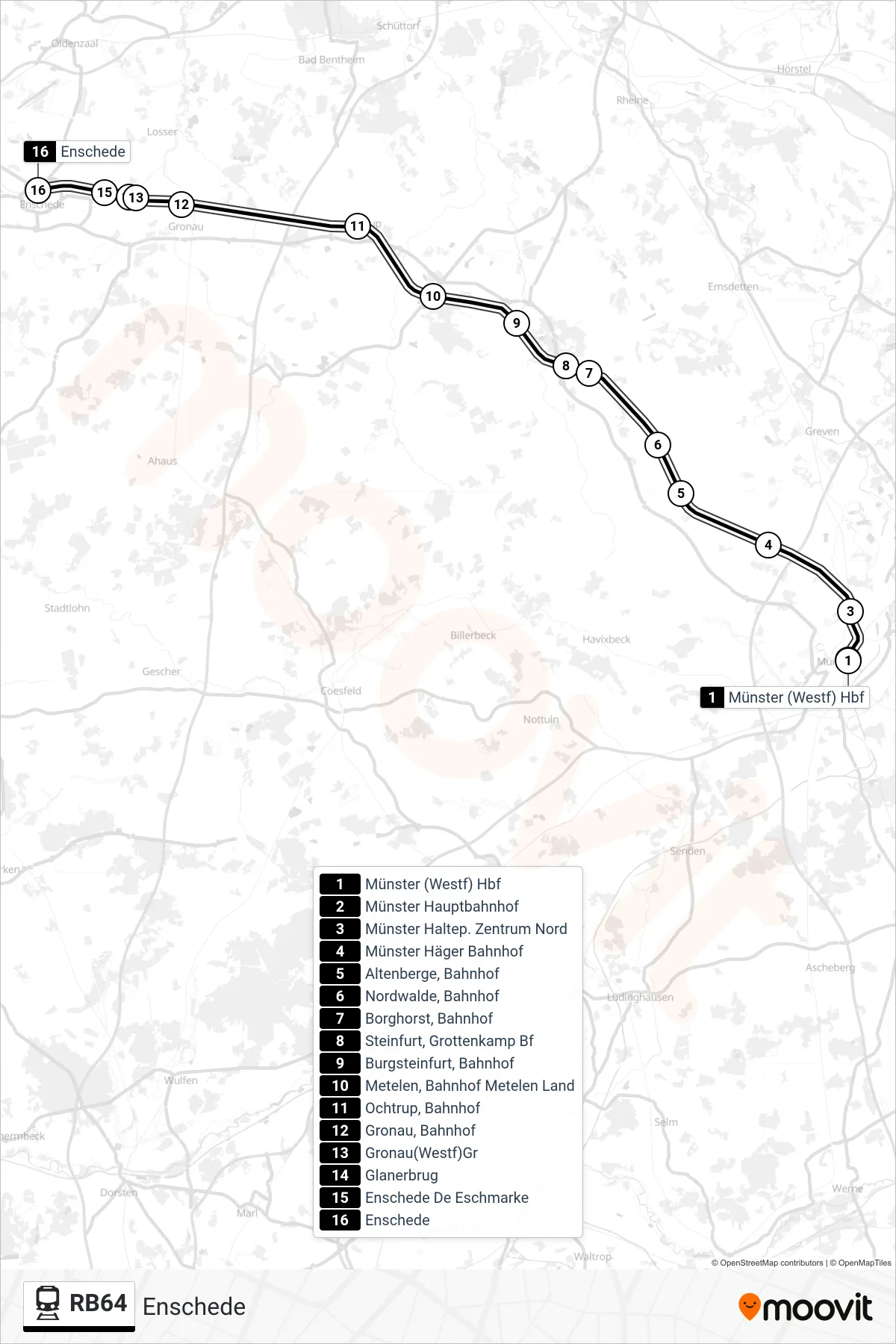 RB64 rail Line (Enschede) route and stops on a map