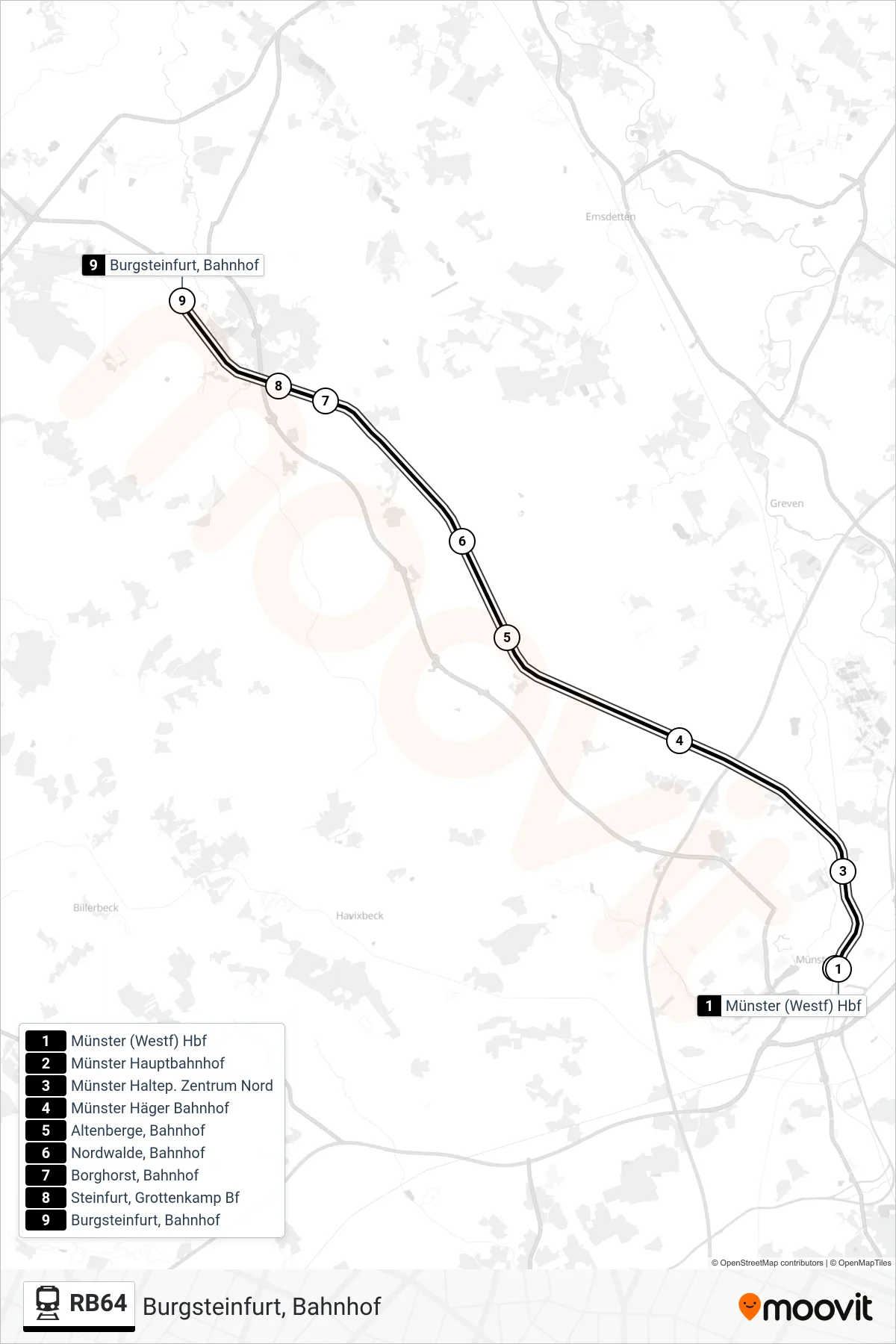 Linie RB64 (Bahn) Richtung Burgsteinfurt, Bahnhof: Route und Haltestellen auf der Karte