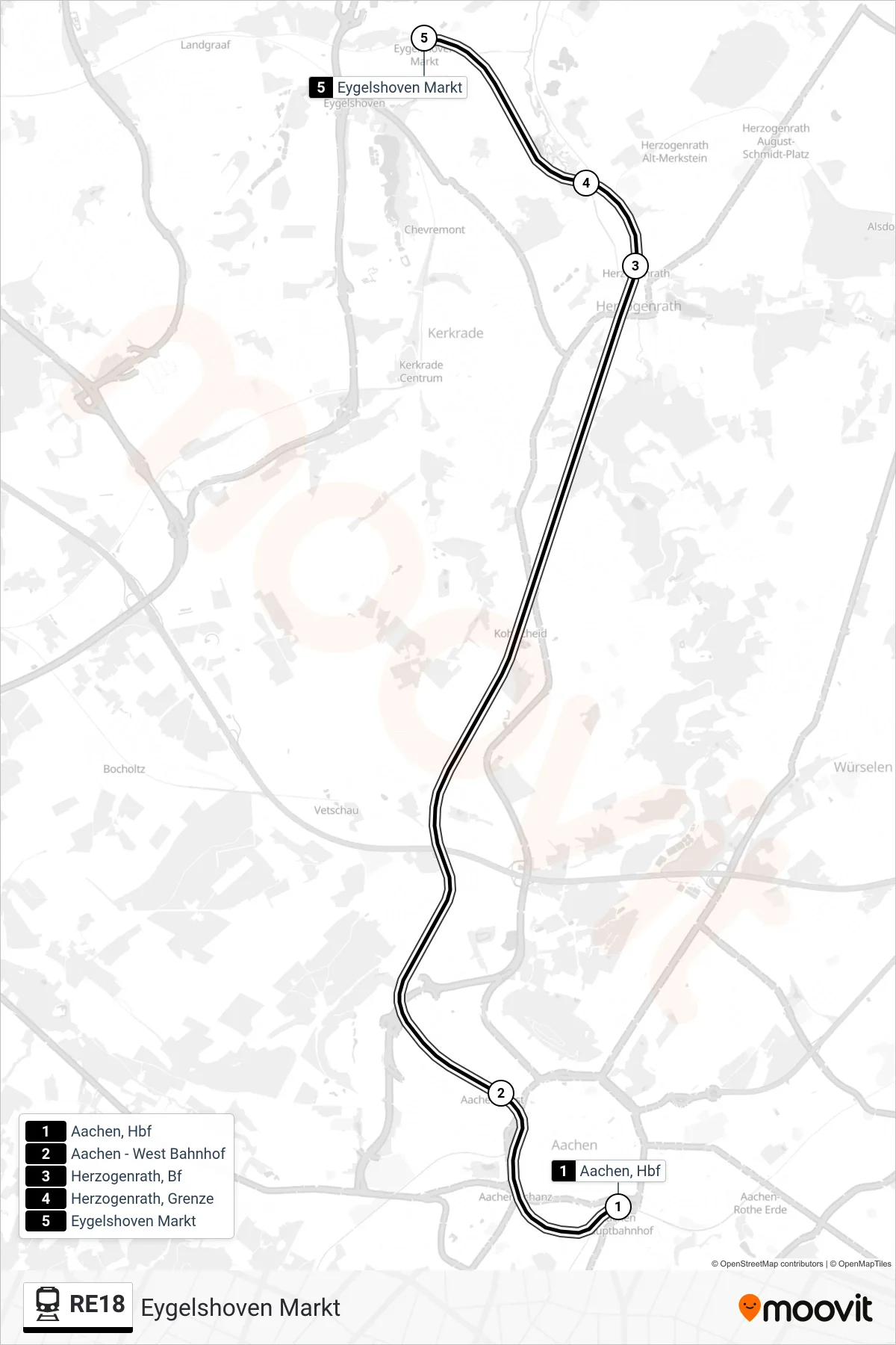 RE18 train Line (Eygelshoven Markt) route and stops on a map