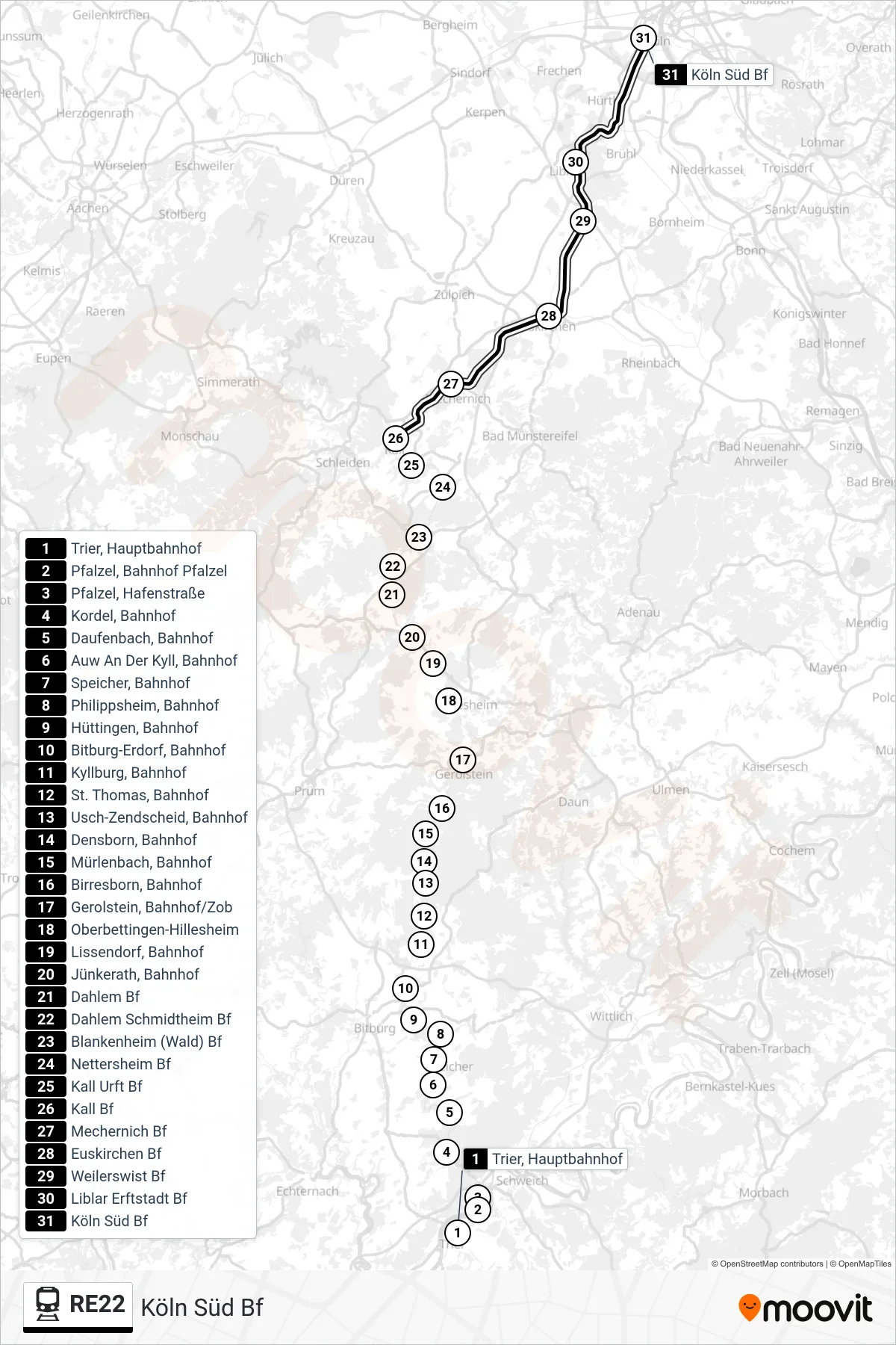 Linie RE22 (Bahn) Richtung Köln Süd Bf: Route und Haltestellen auf der Karte