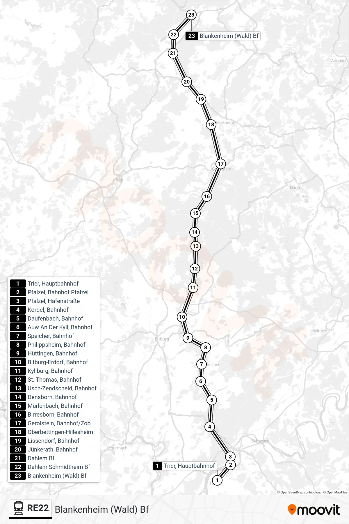 RE22 rail Line (Blankenheim (Wald) Bf) route and stops on a map