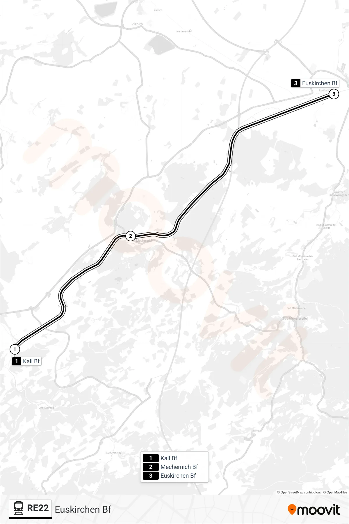 Linie RE22 (Bahn) Richtung Euskirchen Bf: Route und Haltestellen auf der Karte