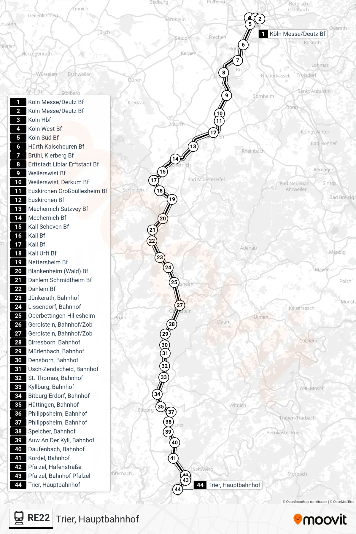 Linie RE22 (Bahn) Richtung Trier, Hauptbahnhof: Route und Haltestellen auf der Karte