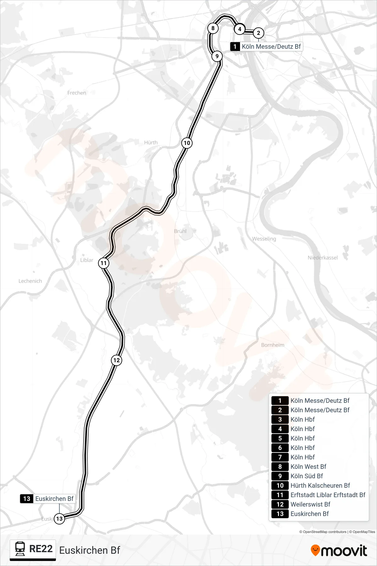 Linie RE22 (Bahn) Richtung Euskirchen Bf: Route und Haltestellen auf der Karte