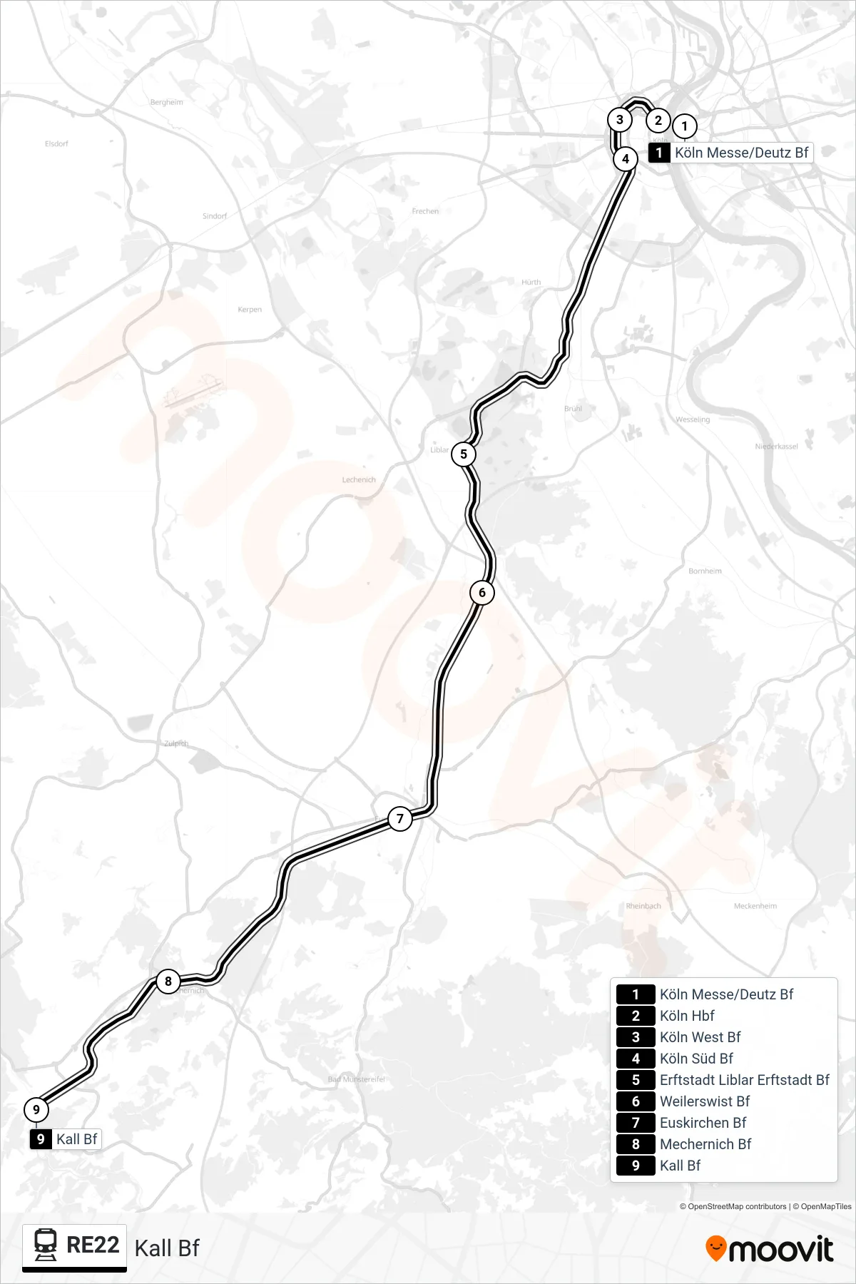 RE22 rail Line (Kall Bf) route and stops on a map