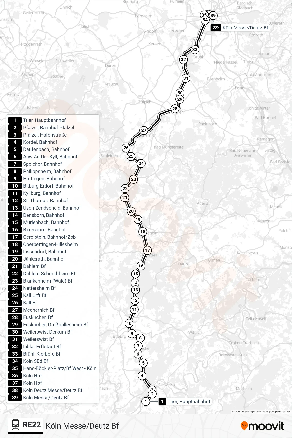 Linie RE22 (Bahn) Richtung Köln Messe/Deutz Bf: Route und Haltestellen auf der Karte