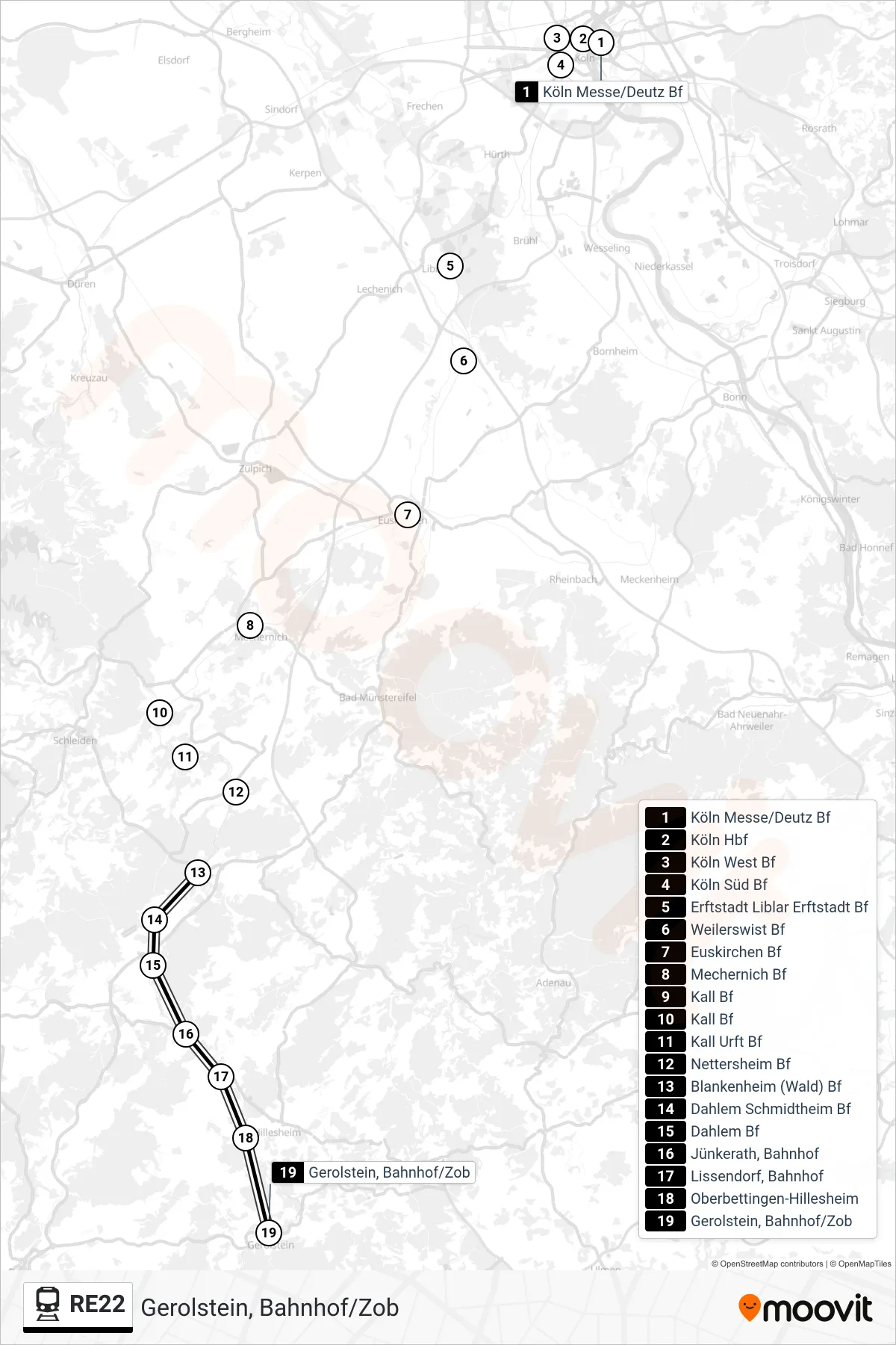 Linie RE22 (Bahn) Richtung Gerolstein, Bahnhof/Zob: Route und Haltestellen auf der Karte