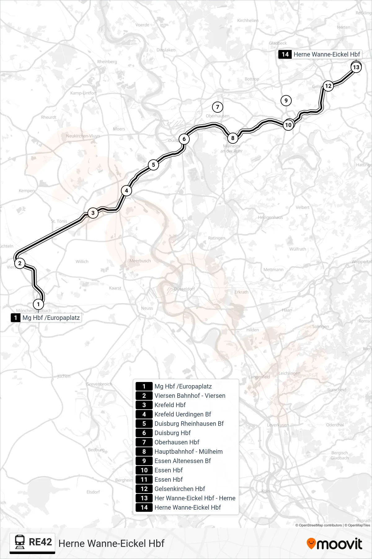 RE42 train Line (Herne Wanne-Eickel Hbf) route and stops on a map