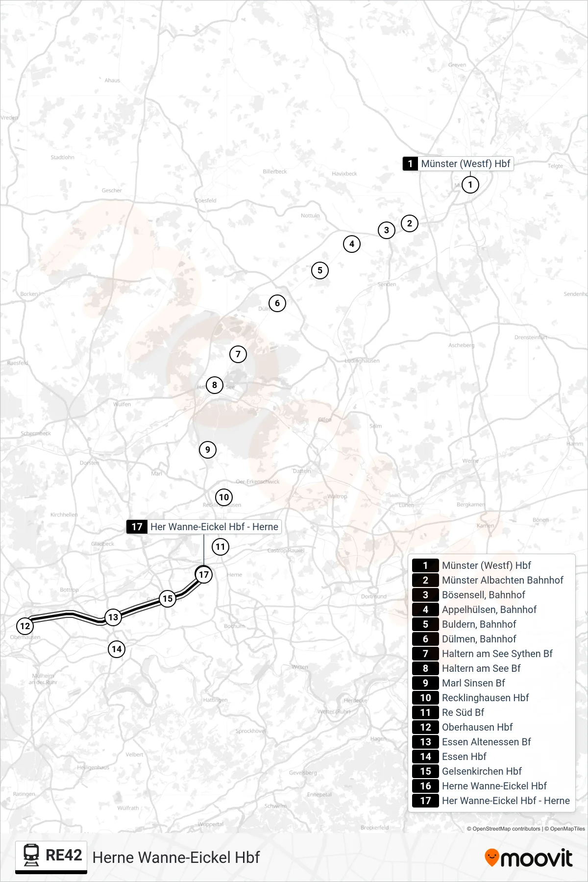 RE42 rail Line (Herne Wanne-Eickel Hbf) route and stops on a map