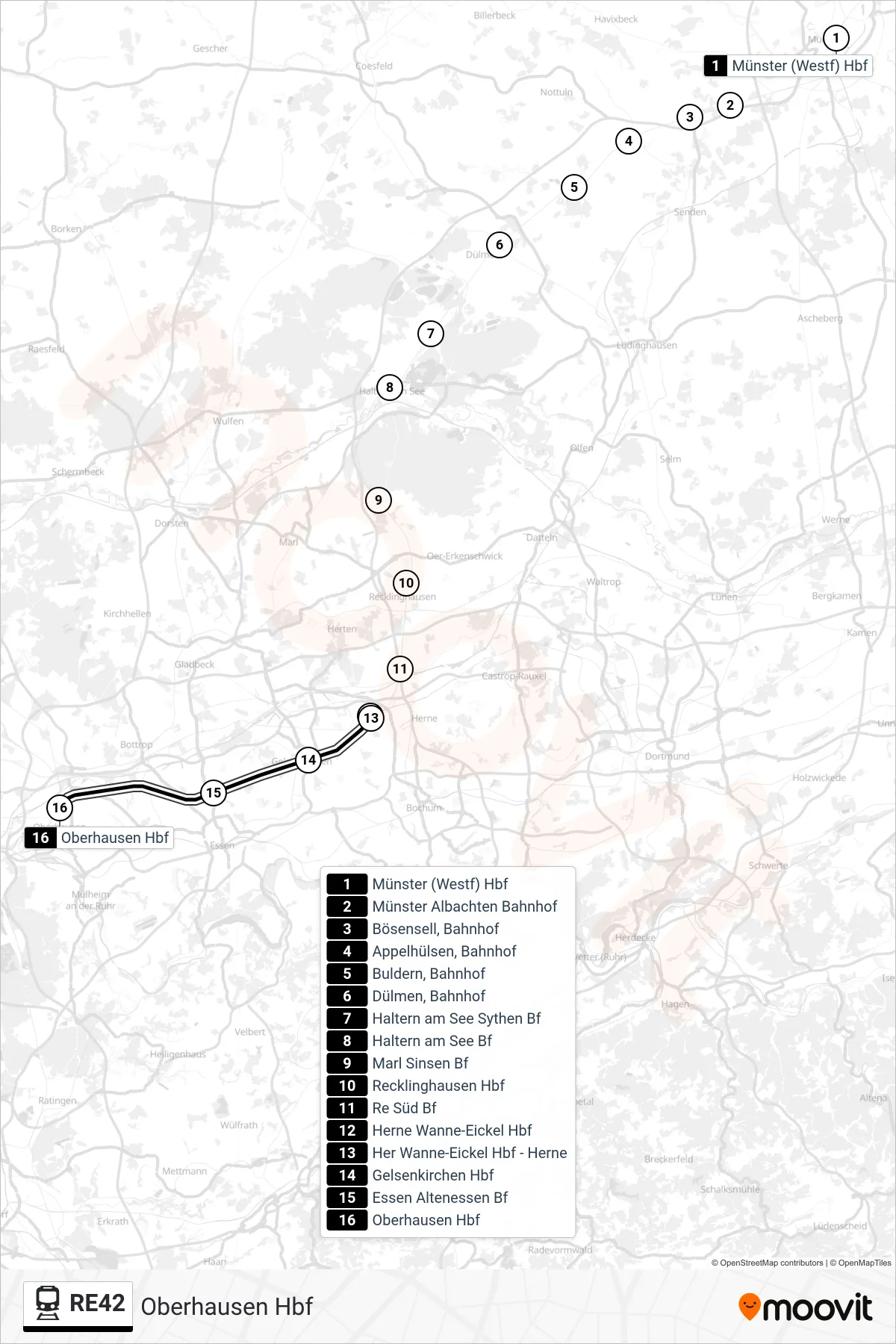 RE42 train Line (Oberhausen Hbf) route and stops on a map