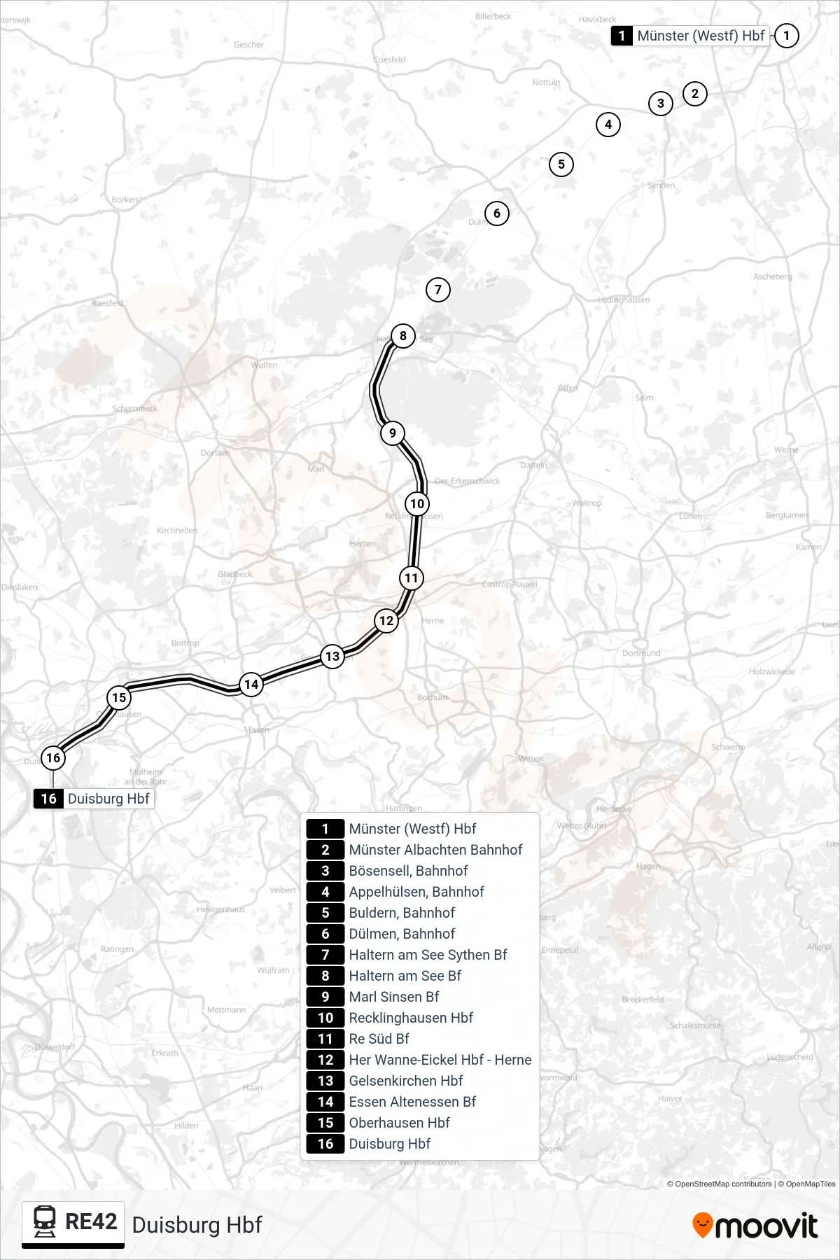 RE42 train Line (Duisburg Hbf) route and stops on a map