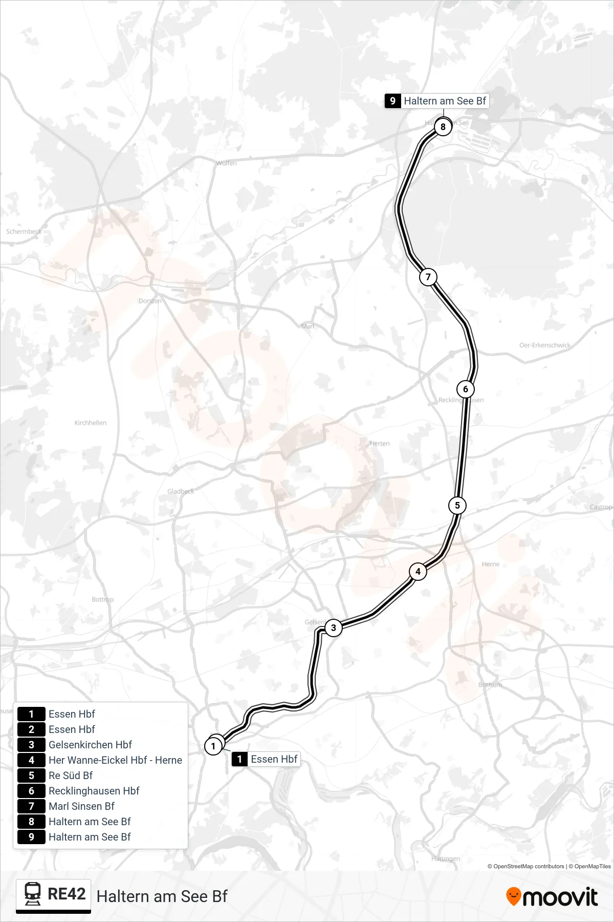 RE42 train Line (Haltern am See Bf) route and stops on a map