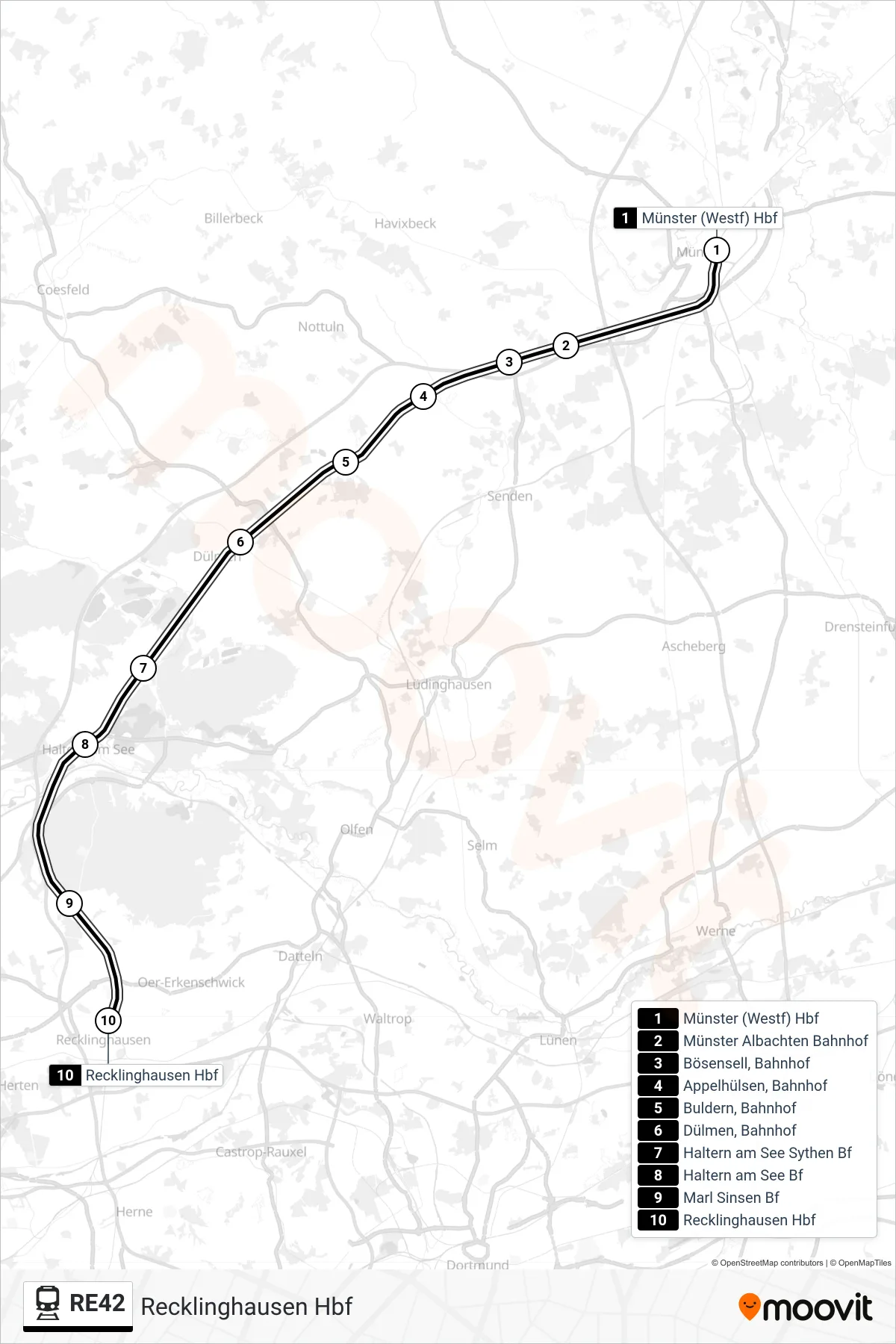 RE42 train Line (Recklinghausen Hbf) route and stops on a map