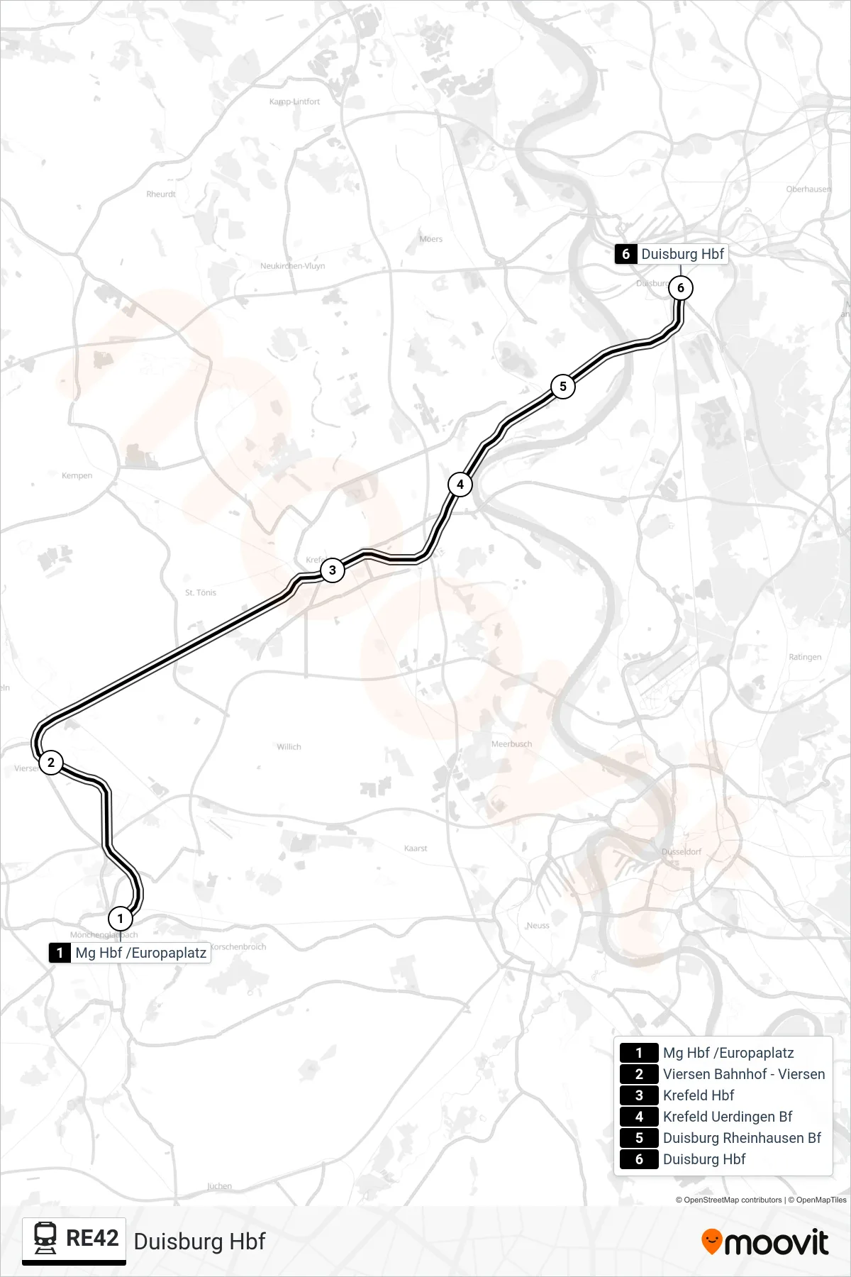 RE42 train Line (Duisburg Hbf) route and stops on a map