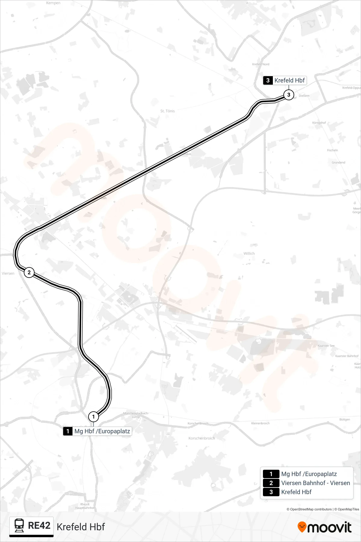 RE42 train Line (Krefeld Hbf) route and stops on a map