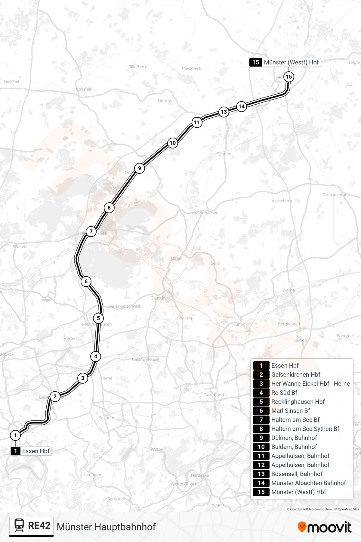RE42 train Line (Münster Hauptbahnhof) route and stops on a map