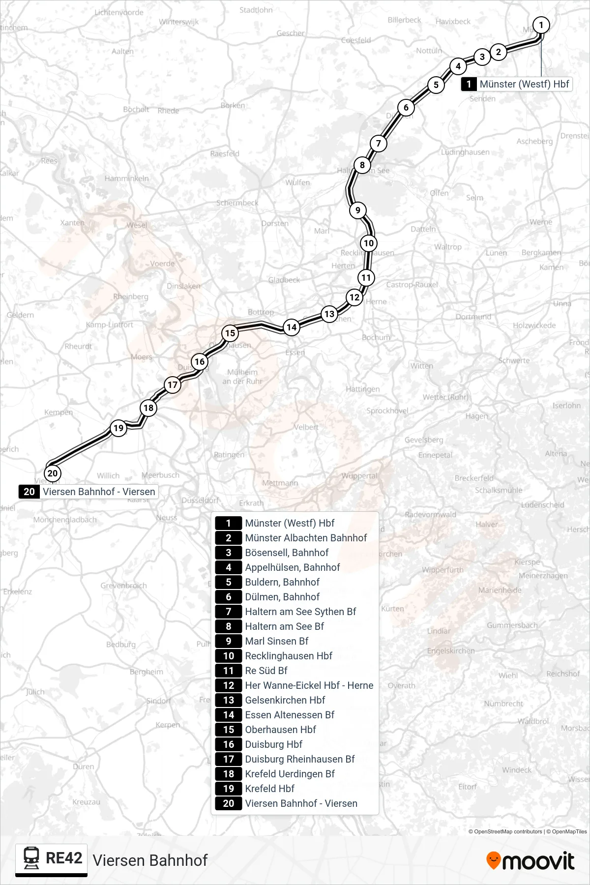 RE42 train Line (Viersen Bahnhof) route and stops on a map
