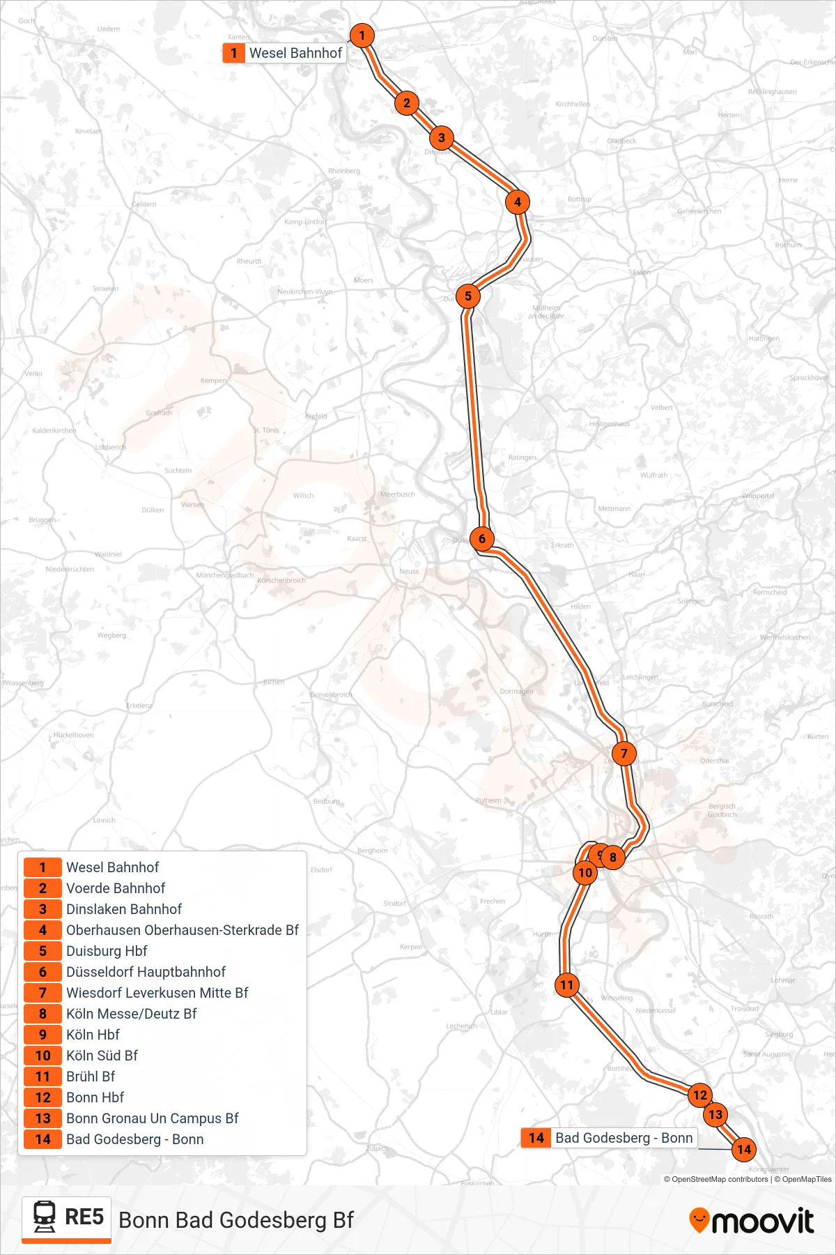 RE5 train Line (Bonn Bad Godesberg Bf) route and stops on a map