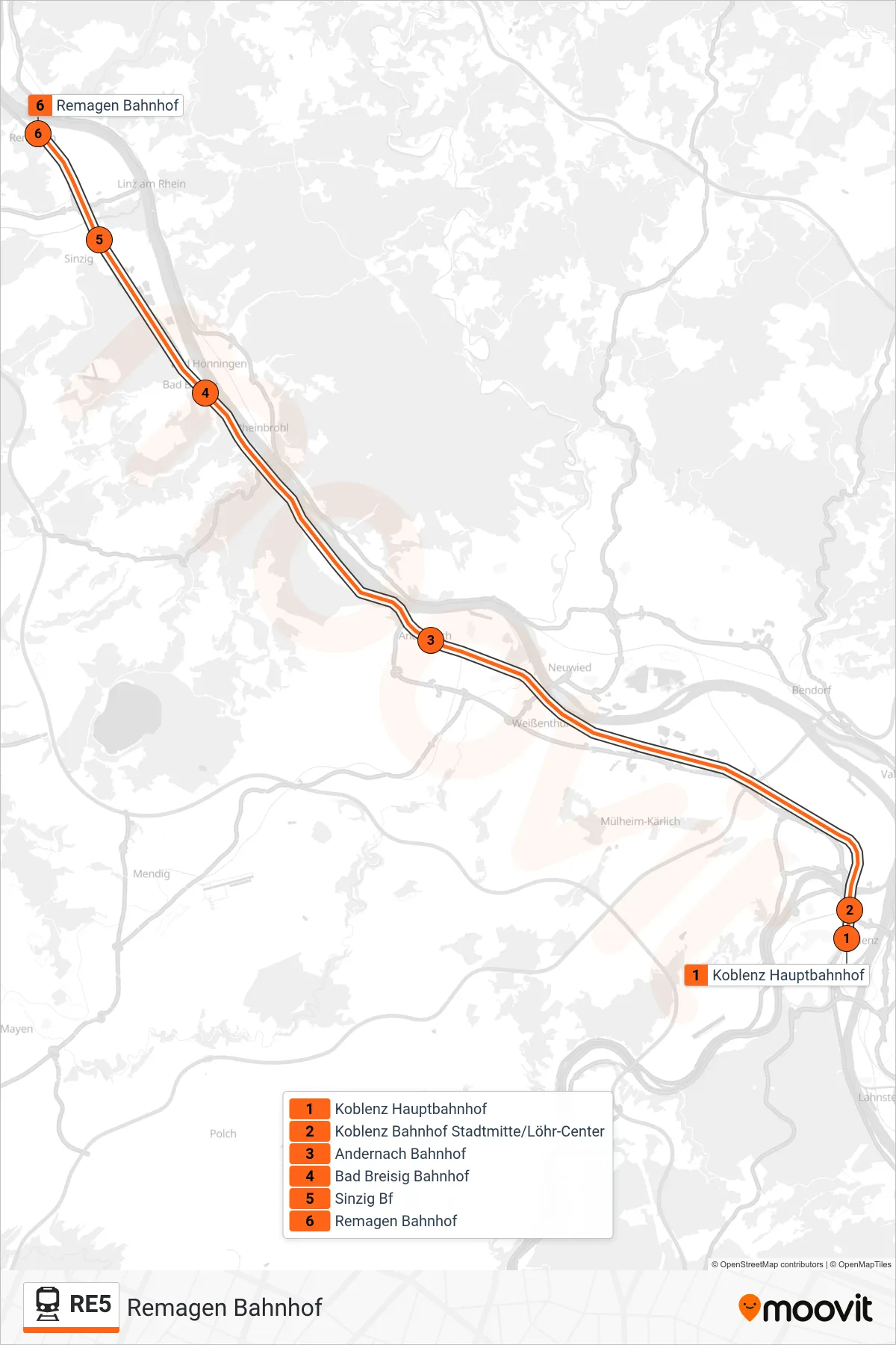 Linie RE5 (Bahn) Richtung Remagen Bahnhof: Route und Haltestellen auf der Karte