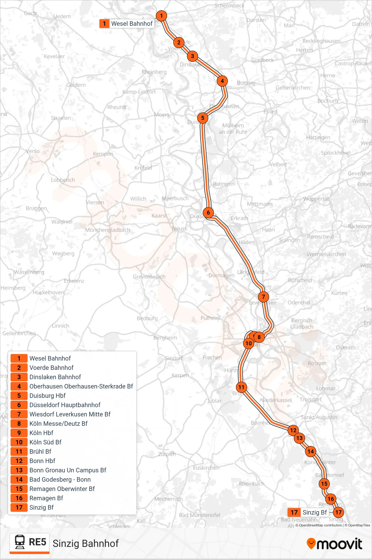 Linie RE5 (Bahn) Richtung Sinzig Bahnhof: Route und Haltestellen auf der Karte