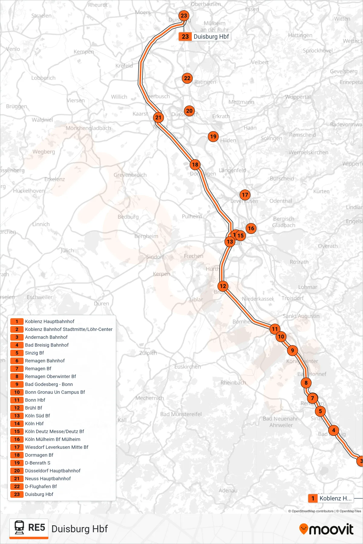 Linie RE5 (Bahn) Richtung Duisburg Hbf: Route und Haltestellen auf der Karte
