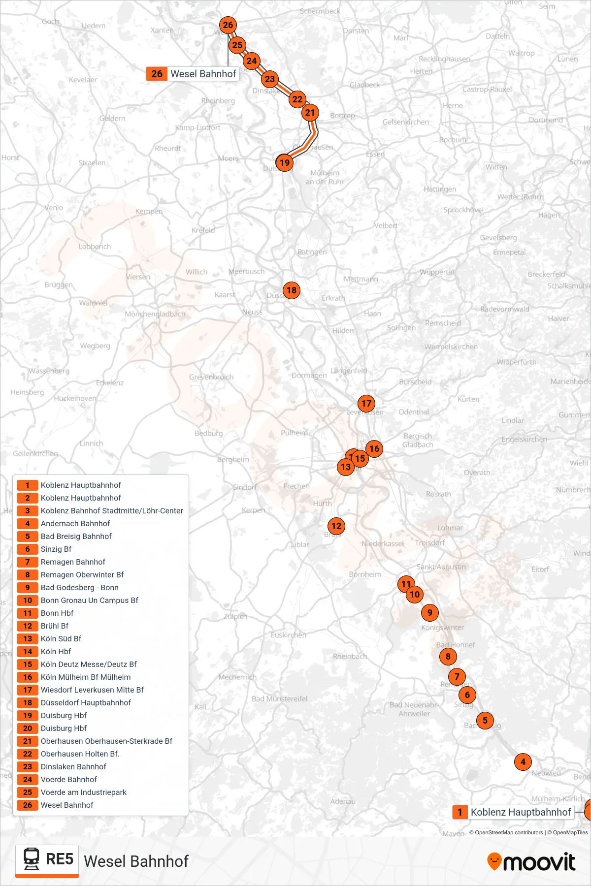 RE5 train Line (Wesel Bahnhof) route and stops on a map