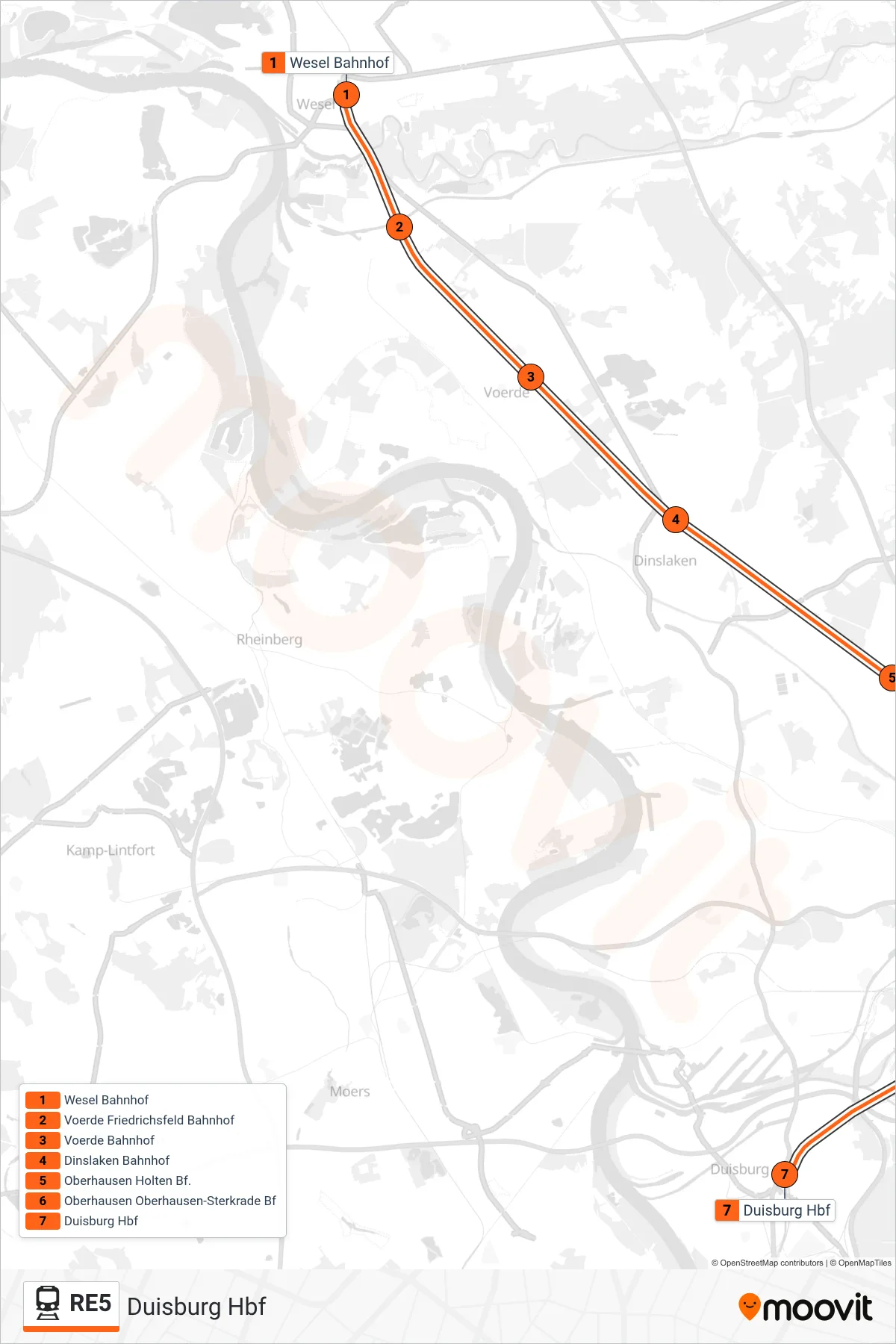 Linie RE5 (Bahn) Richtung Duisburg Hbf: Route und Haltestellen auf der Karte