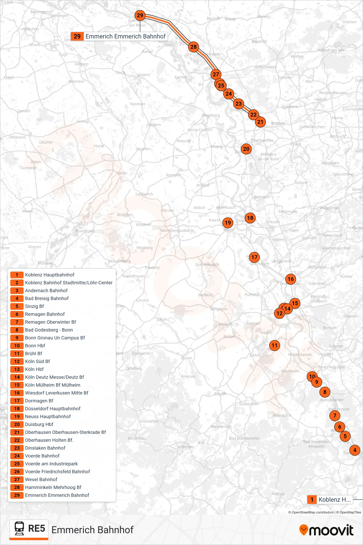 Linie RE5 (Bahn) Richtung Emmerich Bahnhof: Route und Haltestellen auf der Karte