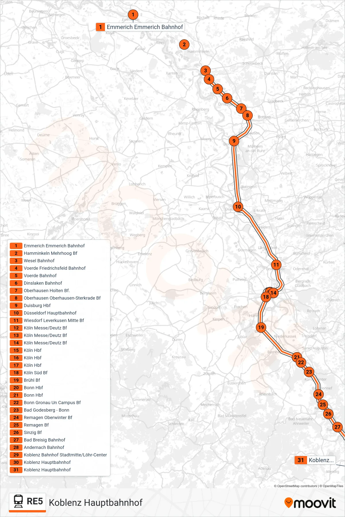 Linie RE5 (Bahn) Richtung Koblenz Hauptbahnhof: Route und Haltestellen auf der Karte