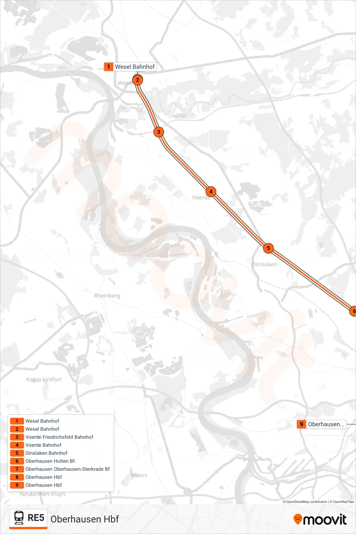 Linie RE5 (Bahn) Richtung Oberhausen Hbf: Route und Haltestellen auf der Karte