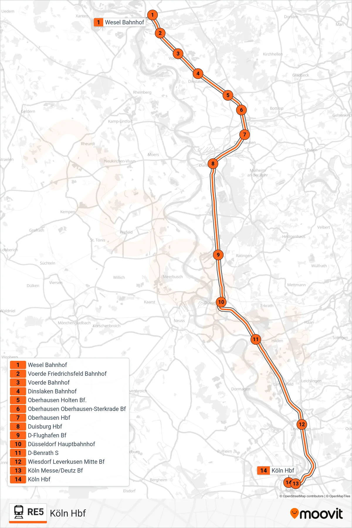 Linie RE5 (Bahn) Richtung Köln Hbf: Route und Haltestellen auf der Karte