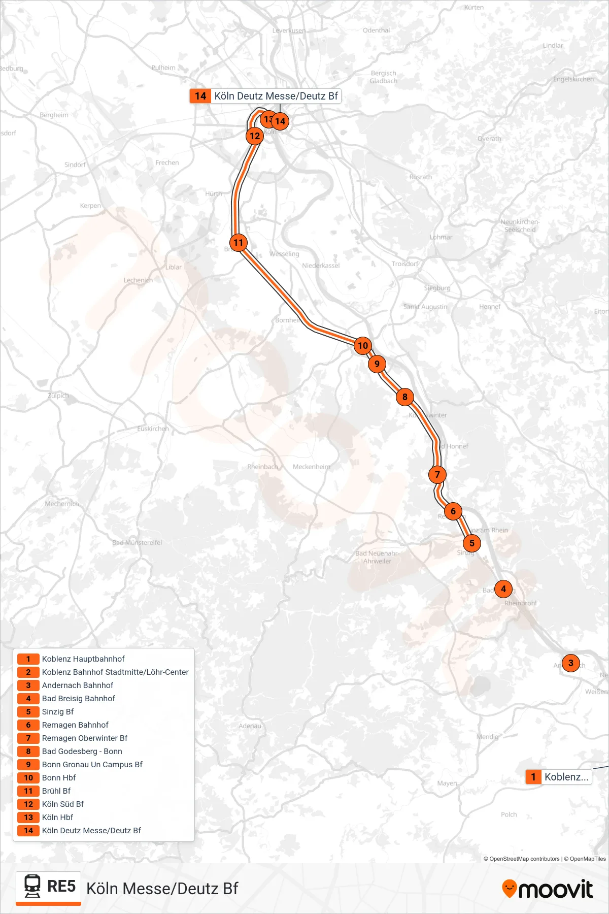 Linie RE5 (Bahn) Richtung Köln Messe/Deutz Bf: Route und Haltestellen auf der Karte