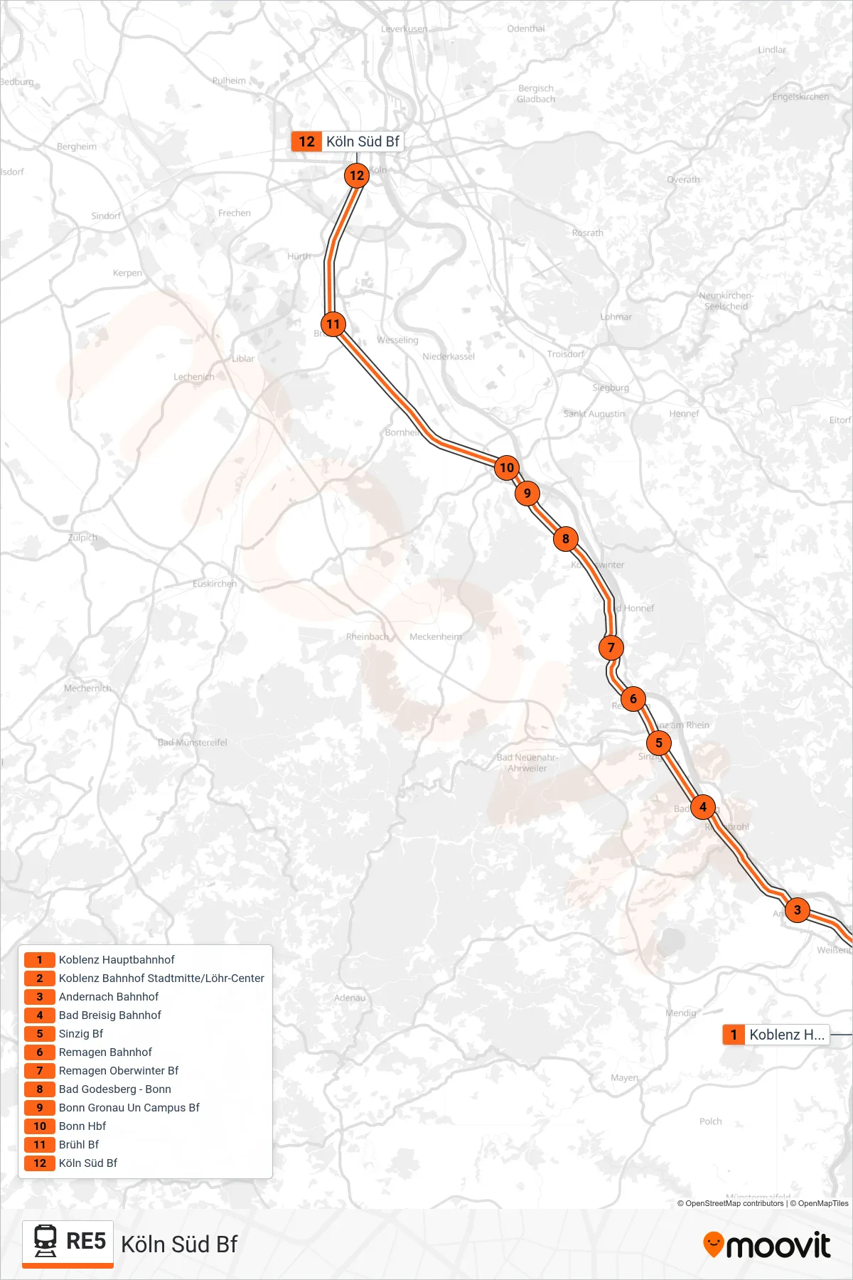 Linie RE5 (Bahn) Richtung Köln Süd Bf: Route und Haltestellen auf der Karte