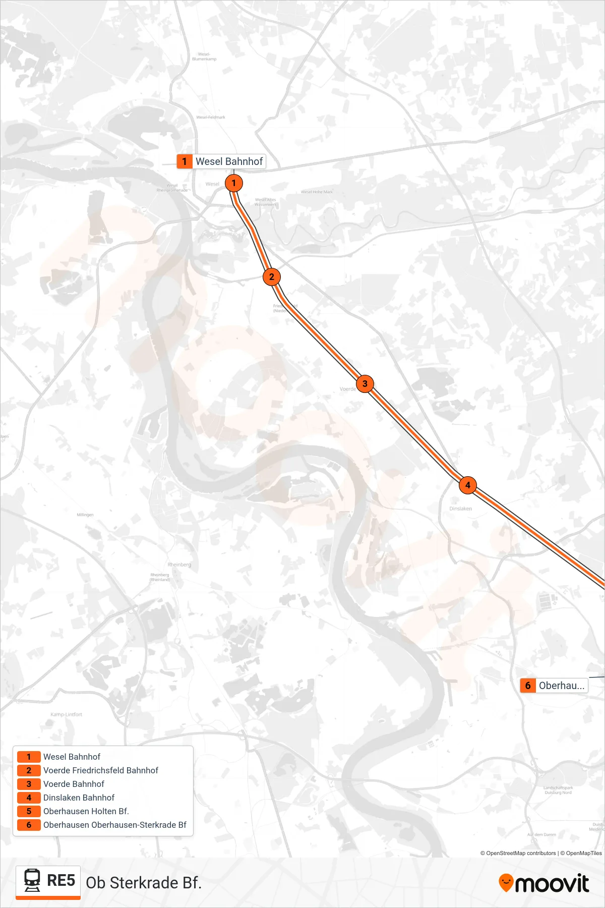 Linie RE5 (Bahn) Richtung Ob Sterkrade Bf.: Route und Haltestellen auf der Karte