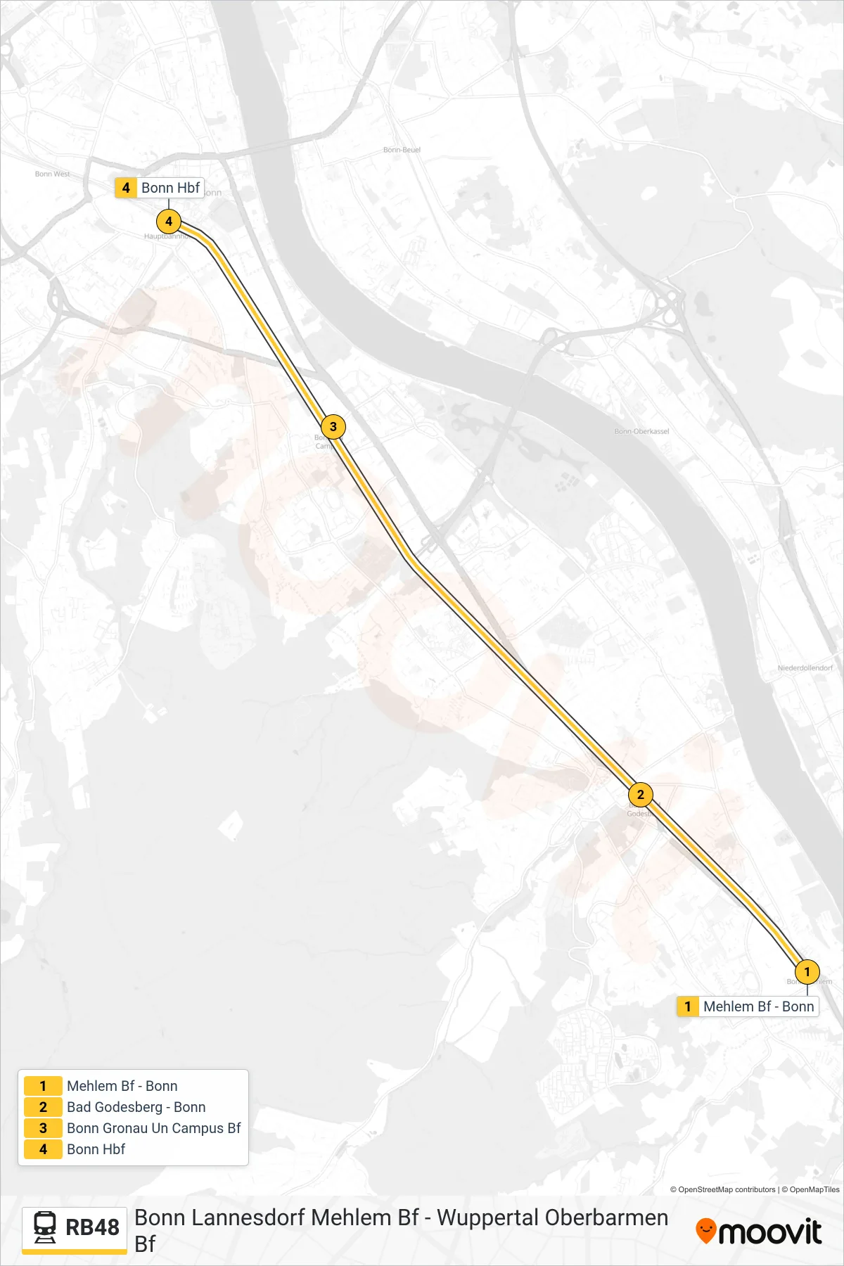 Linie RB48 (Bahn) Richtung Bonn Hbf: Route und Haltestellen auf der Karte