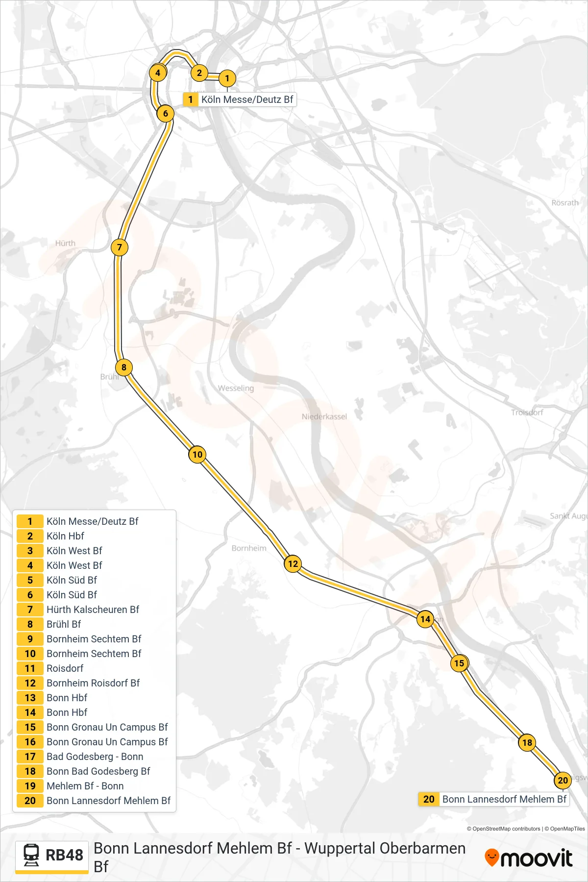Linie RB48 (Bahn) Richtung Bonn Lannesdorf Mehlem Bf: Route und Haltestellen auf der Karte