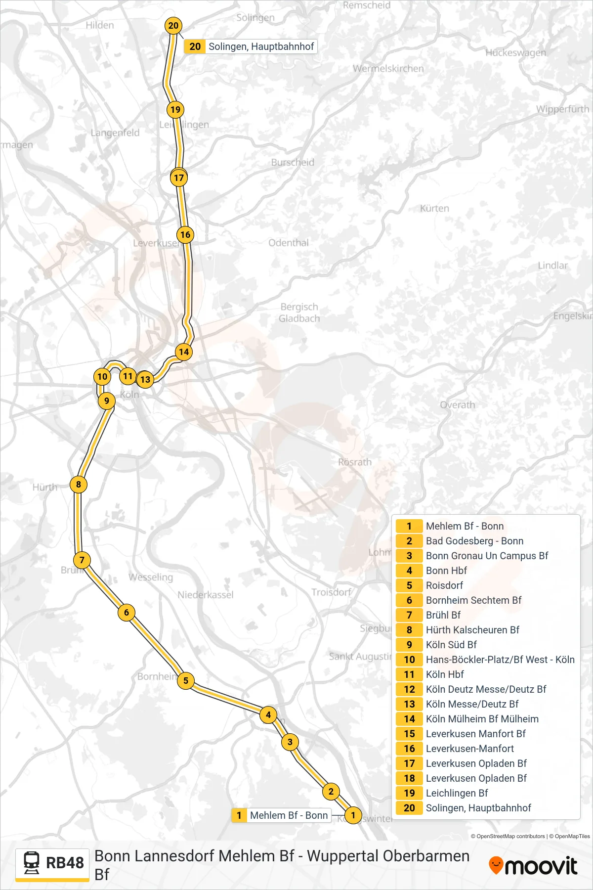 Linie RB48 (Bahn) Richtung Solingen, Hauptbahnhof: Route und Haltestellen auf der Karte