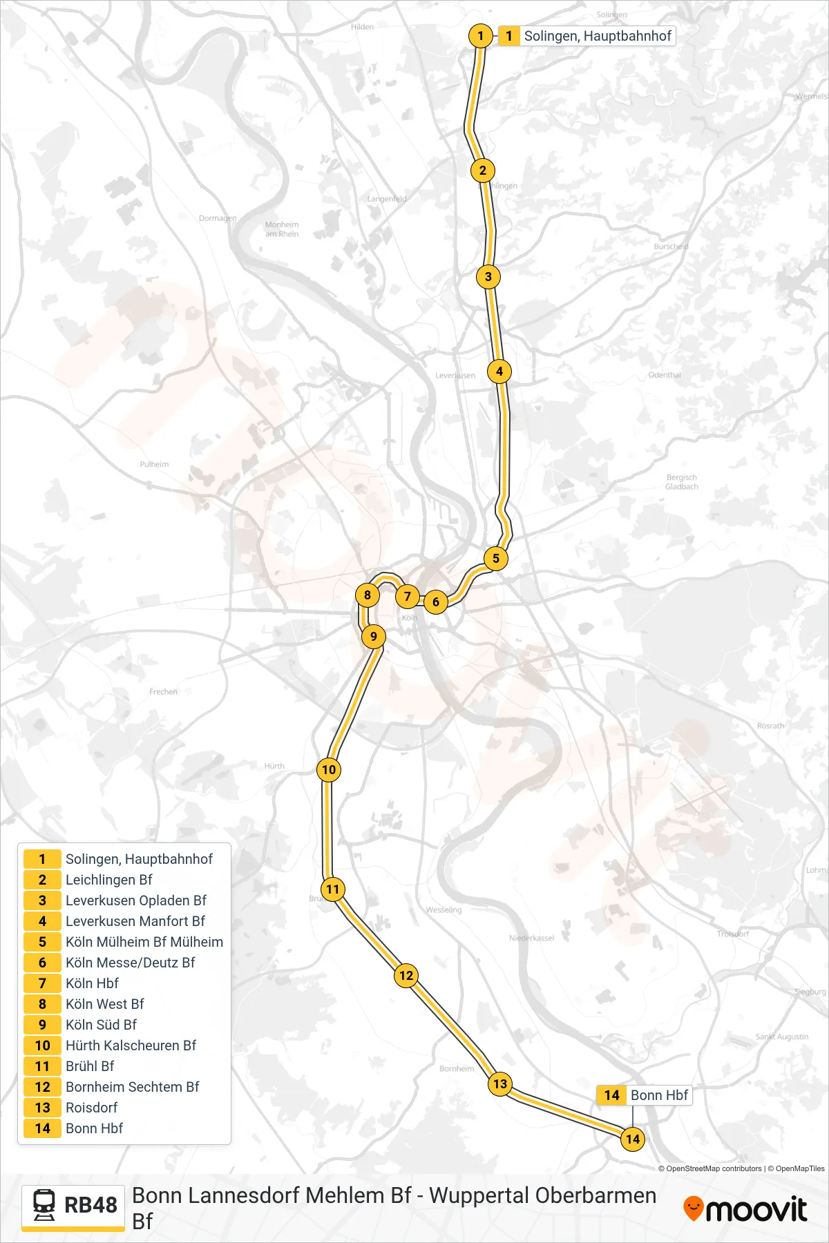 Linie RB48 (Bahn) Richtung Bonn Hbf: Route und Haltestellen auf der Karte