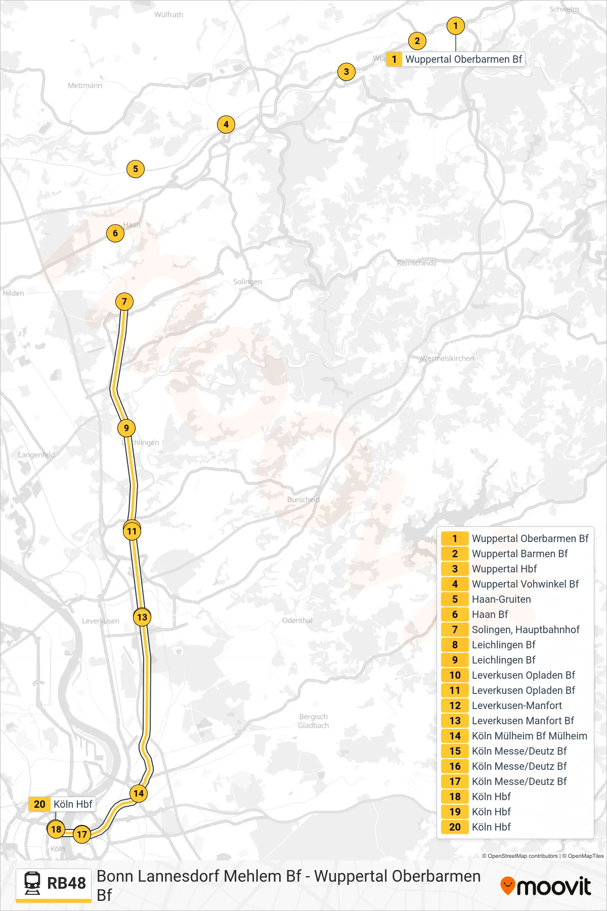 Linie RB48 (Bahn) Richtung Köln Hbf: Route und Haltestellen auf der Karte