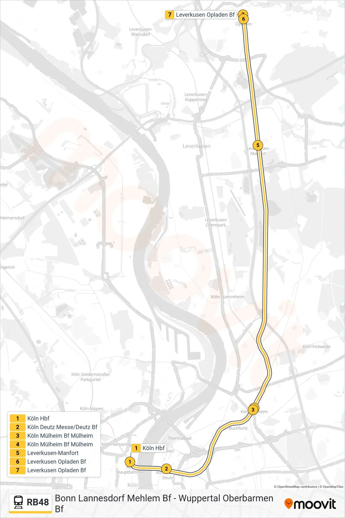 Linie RB48 (Bahn) Richtung Leverkusen Opladen Bf: Route und Haltestellen auf der Karte